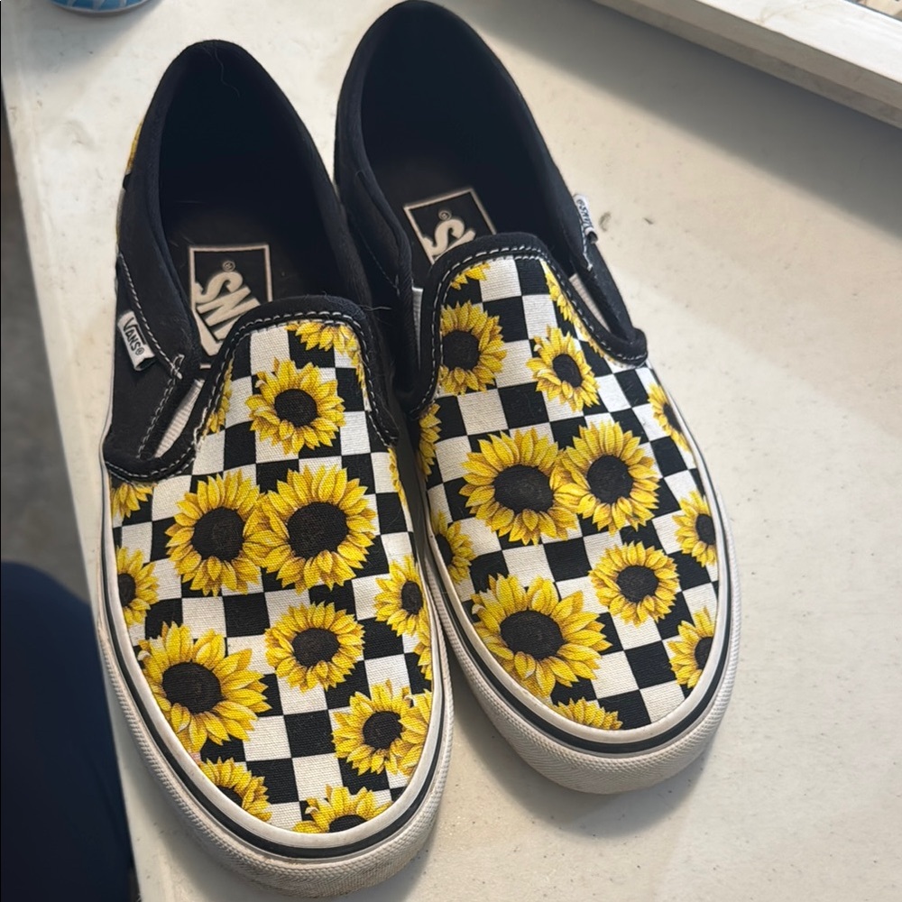 Vans Black and Yellow Sunflower Checkered Slip-Ons